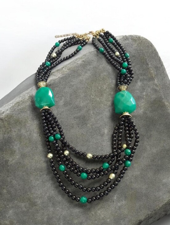 Jewelry - N182 Bohemian Green and Black Multi-Strand Beaded Necklace